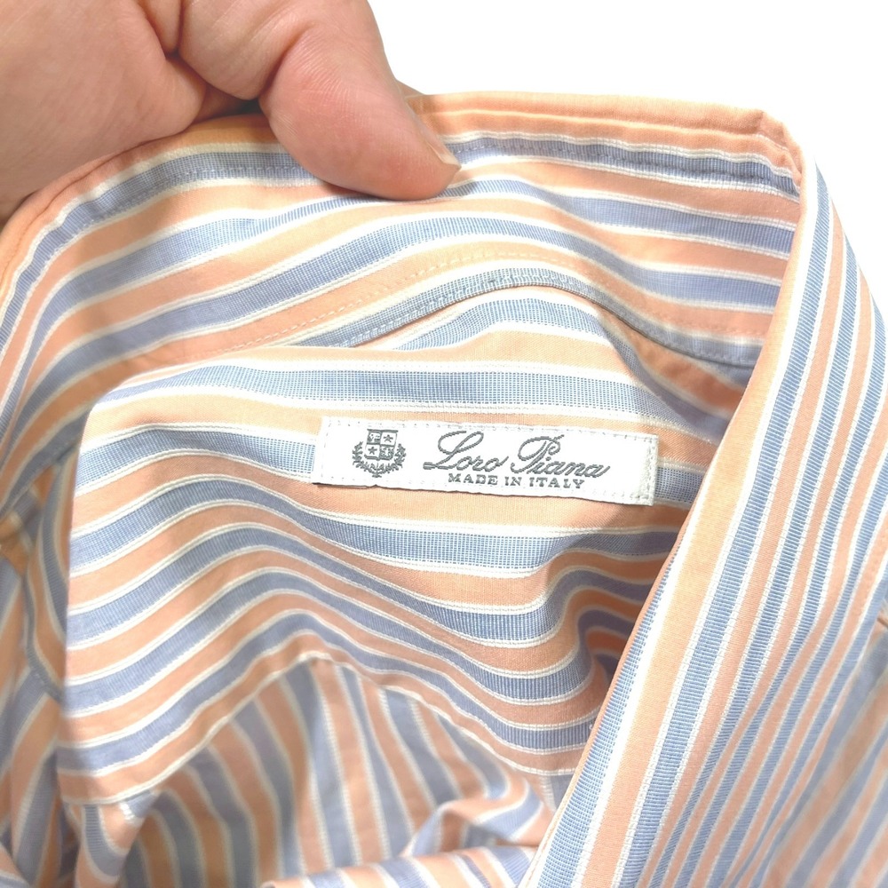Loro Piana 16 41 Orange Blue Striped Button Down Shirt Cotton Italian Luxury - Picture 9 of 11